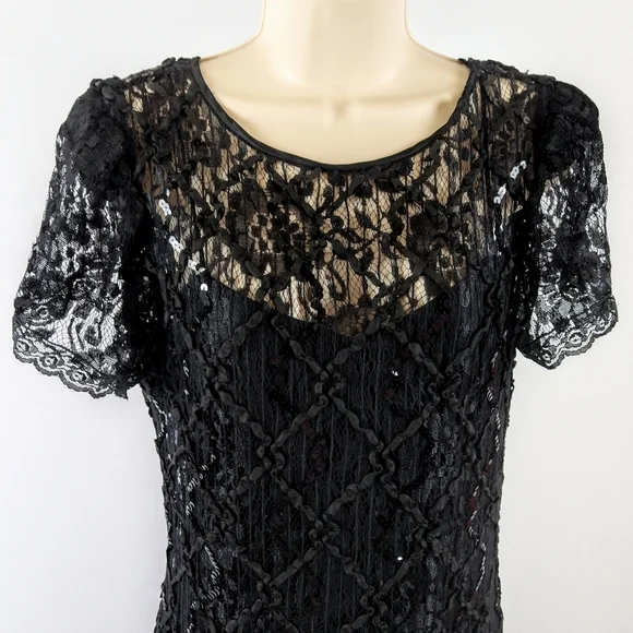 Vintage After Dark Elegant Black Lace Midi Dress - Picture 7 of 11